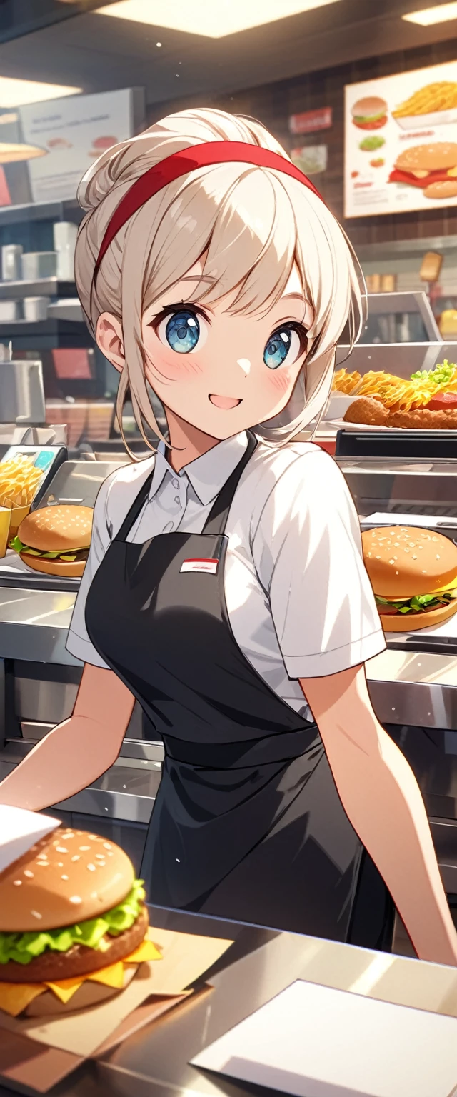 closeup of an adorable, Hardworking and lively fast food restaurant clerk.Beautiful and textured foreground and background，detailed, bright, Animation style HD high quality presentation,