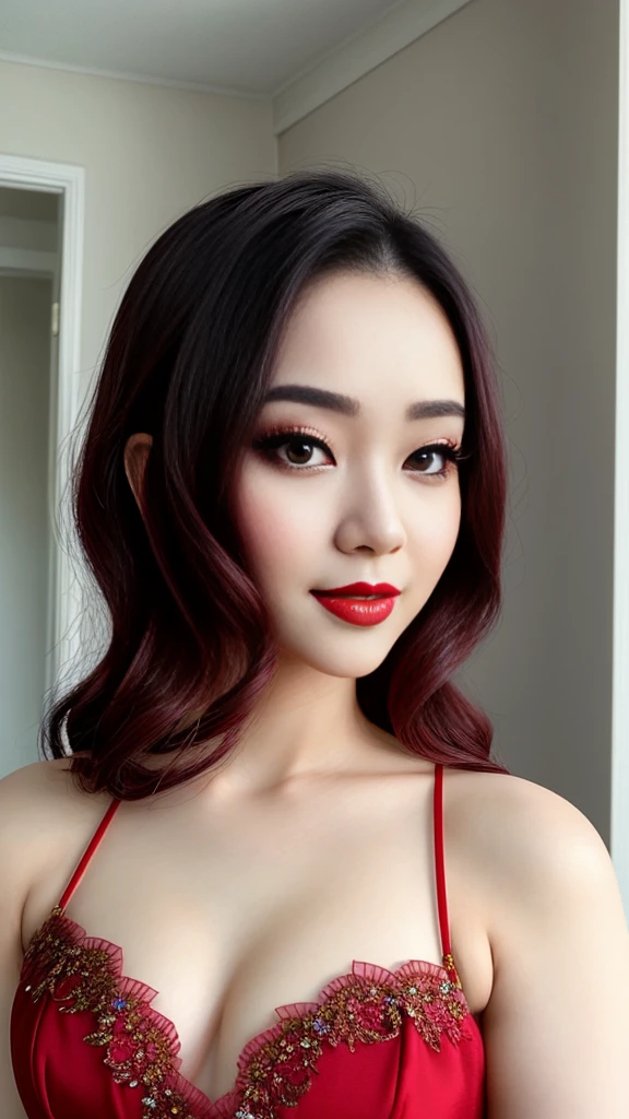 instagram photo, closeup face photo of 23 y.o Chloe in kebaya, Red Lipstick, sensual Lipstick, Sensational Make Up, cleavage, pale skin, (smile:0.4), hard shadows, anime outfit
