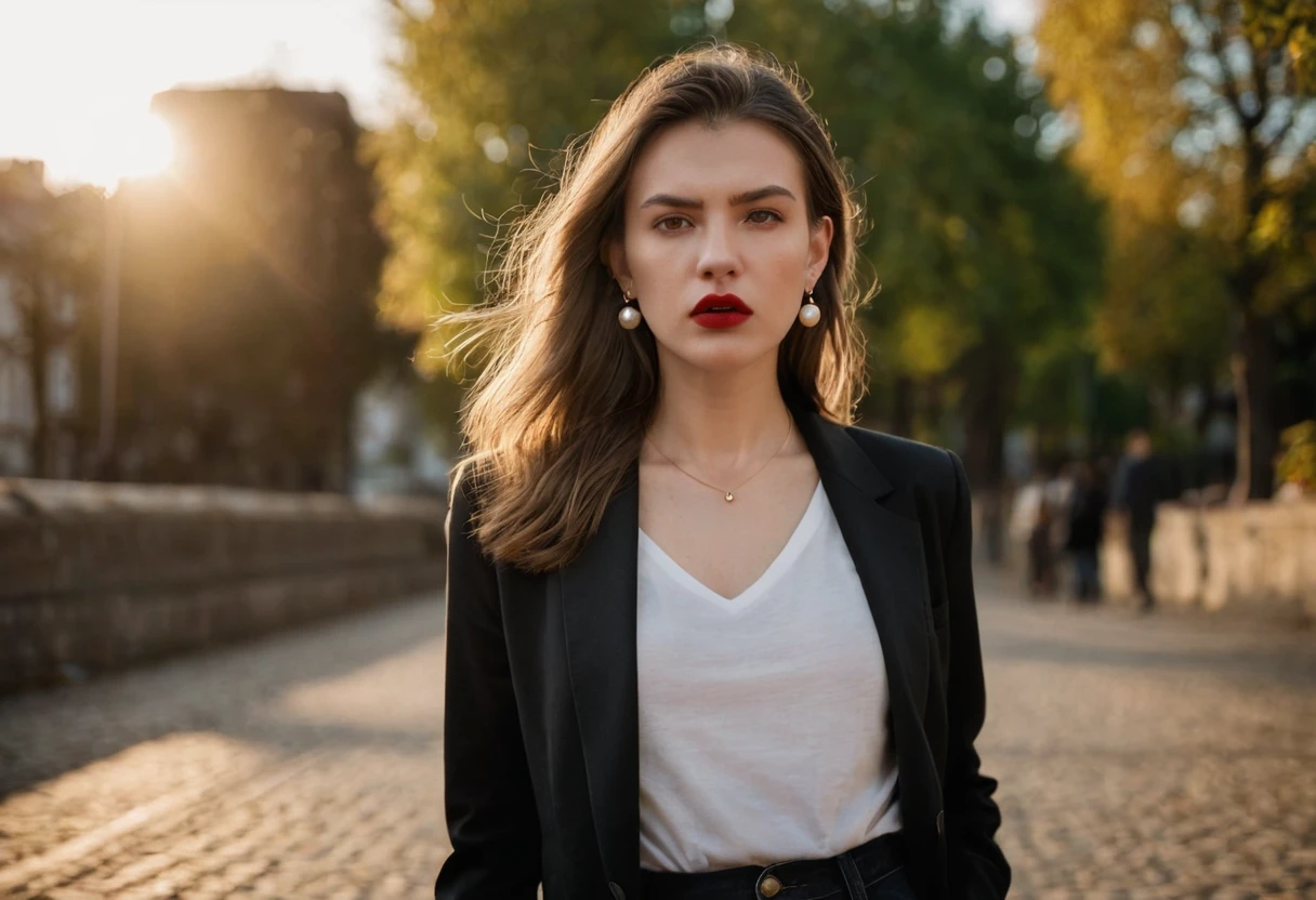 color digital photograph of Lucie Prochazka a woman from czech republic wearing (a black blazer), (a white t-shirt), (black skinny jeans), (black ankle boots), (pearl earrings), (red lipstick), and Slingbacks shoes shot on Nikon Z9 by Denis Karasev, 26 years old, pale skin, ((long hair)), tiny figure, small breasts, feeling (feeling Hate, Intense, Hostile, Aversion, Anger, Resentment, Disgust, Animosity, Hostility, Loathing, Malice, face: Scowl, Frown, Glare, Narrowed Eyes, Sneer, Lip Curl, Tense Jaw, Raised Eyebrows, Cold Stare, Contempt), at golden hour,full body, masterpiece, natural lighting, (outdoor setting:1.2), warm tones, side lighting, natural skin details, 4k, UHD, masterpiece, detailed eyes, detailed face, detailed skin, perfect hands, perfect feets, photo, high skin detail, moles, imperfect skin, ultra realism, RAW photo, subsurface scattering