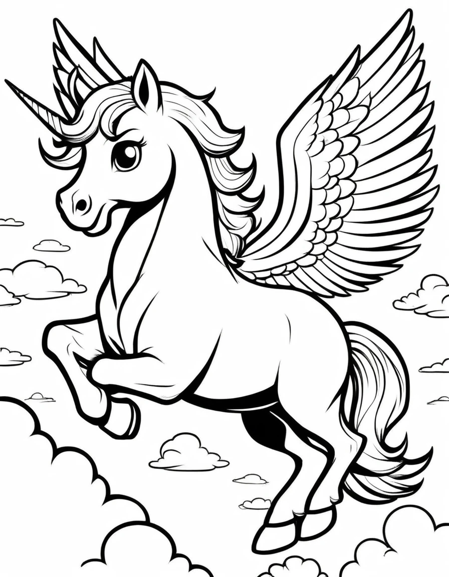 beautiful Unicon, adult, Fantasy, have wings, Coloring pages for kids, be happy, Fly in the sky, Behind is a cloud., vector art, simple, 2D vector, black lines white background, For beginners, Vector illustration, Pencil strokes, No color, drawing coloring, white background, Pixar style, black and white, ดวงตาNo color