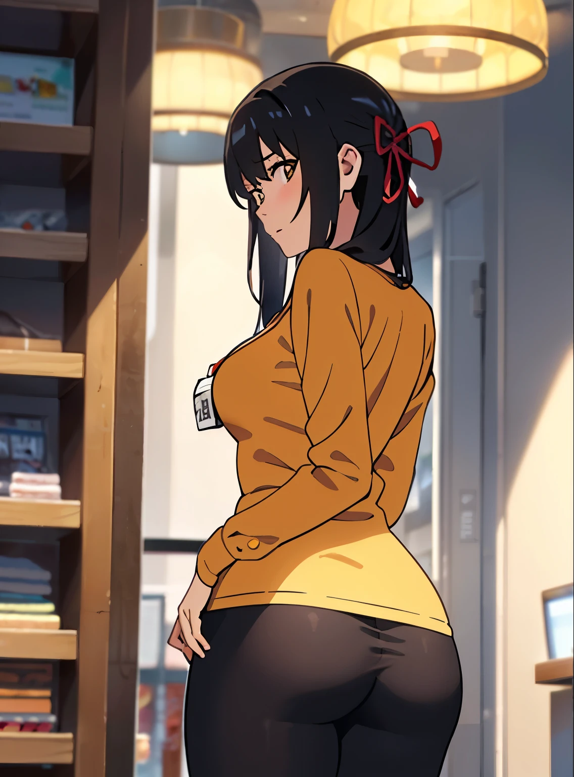 Shinkai Makoto, Kimi No Na Wa., 1 girl, bangs, black hair, brown eyes, Half turned up, Red Ribbon, Long hair, long-sleeved light yellow cardigan, offenes hemd, yellow shirt, Decollete, , medium breastge shirt, name tag written "LUMINE Miyamizu", look at the viewer, indoors, Jewelry Products, Jewelry store, Jewelry saleswoman, indoors, mall, masterpiece, perfect anatomy, Subscribe to, ass pov (assv: Hände es Jungen halten die breast eines Mädchss pov)