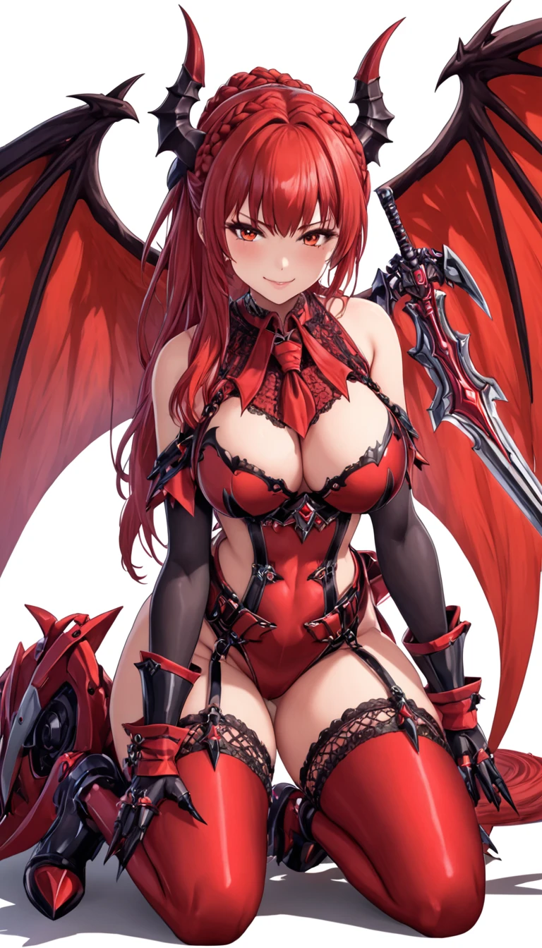 1 girl,Demon of ,Red hair,Eyes red,wings,claws, new, with big breasts, and private parts showing, Sitting forward with legs open, new, Star Blade, large breasted, thick-thighs, curvy body,1 girl,standing alone,heavy make-up,cute,aretes,ring braid,(Obscene smile:1.1),holding a mechanical sword,hypdertailed,Idol, new