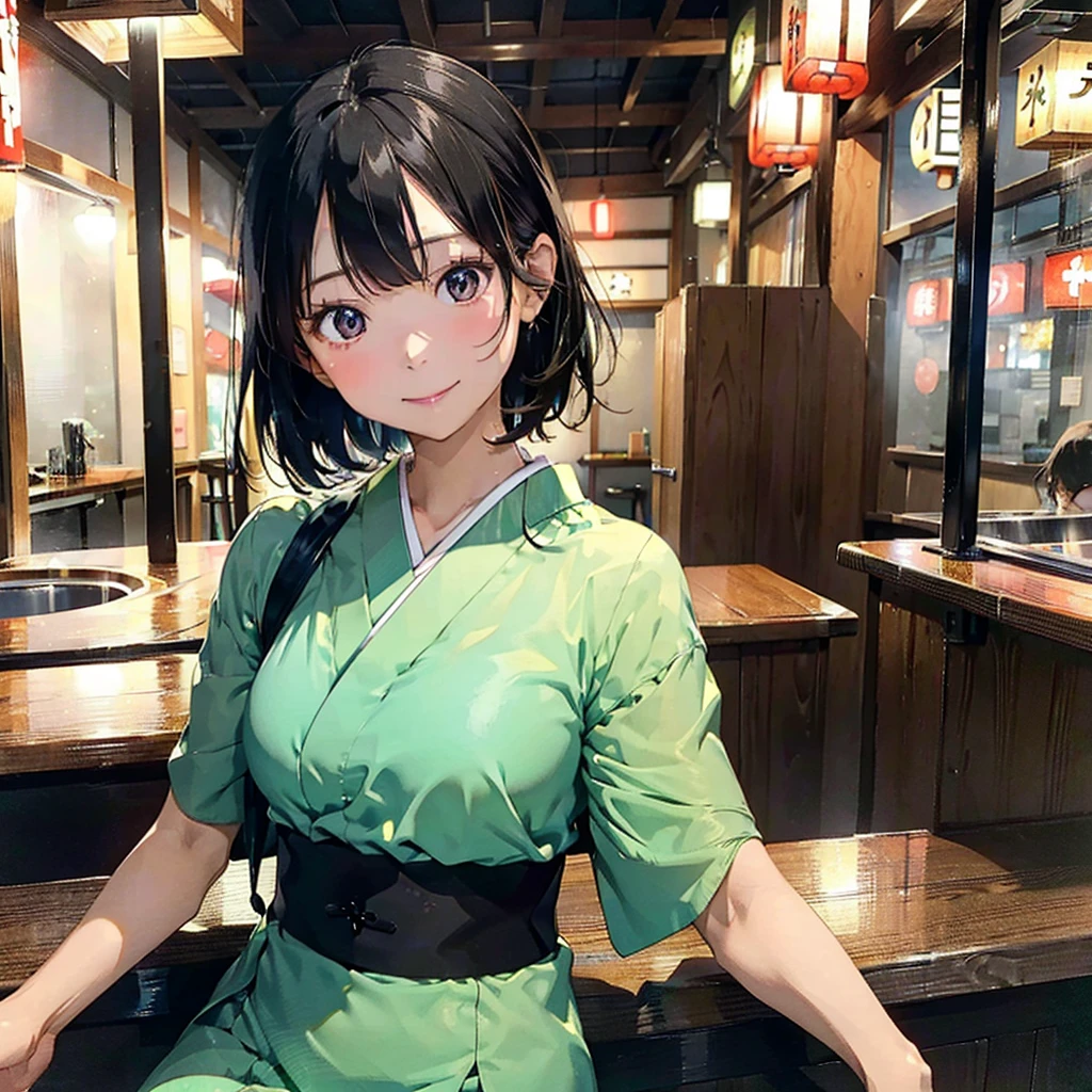 (1 mature japanese woman:1.3),40 years old,Black Hair,short hair,Back view of a person sitting on a counter chair,A smile that looks back,Light green dress,Having a cocktail,Blue Hawaii,A Western-style retro bar,Narrow bar,There are no other customers,Dim indirect lighting,midnight,quiet night,Wooden bar counter,A half-smoked cigarette on the counter
