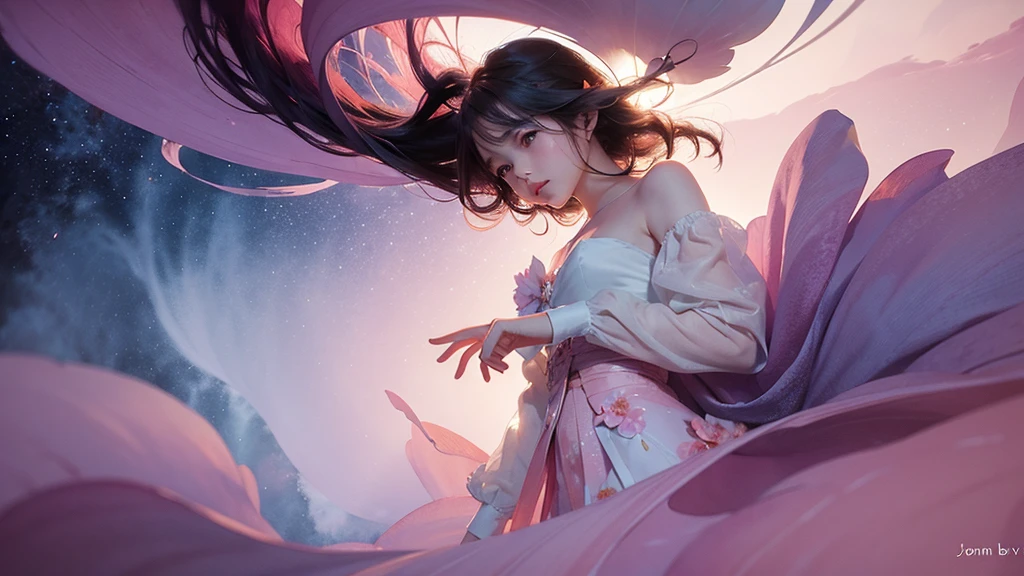 One girl,flower, Lisianthus ,Pale pinkと淡い青のスタイル, A dreamy, romantic piece, Pale pink, Mysterious Leaves, A playful arrangement,Fantasy, High Contrast, Ink strokes, explosion, Exposure, Impression of purple and red tones , Abstract, ((Watercolours by John Berkey and Jeremy Mann )) Brush strokes, Negative Space,