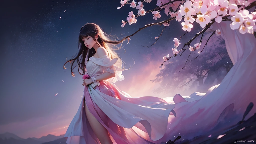 One girl,flower, Lisianthus ,Pale pinkと淡い青のスタイル, A dreamy, romantic piece, Pale pink, Mysterious Leaves, A playful arrangement,Fantasy, High Contrast, Ink strokes, explosion, Exposure, Impression of purple and red tones , Abstract, ((Watercolours by John Berkey and Jeremy Mann )) Brush strokes, Negative Space,