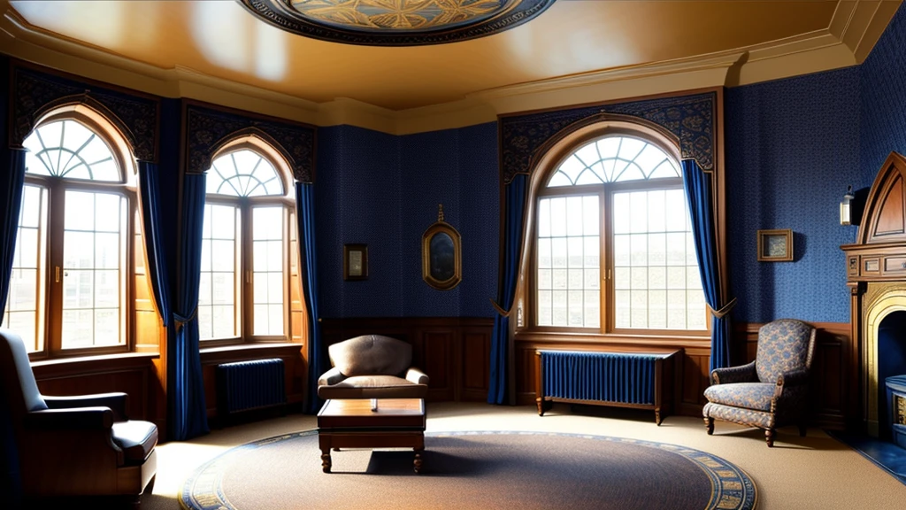 masterpiece,Highest quality,Realistic illustrations,Classic,Fantasy Full HD,Circular Room,Wide々,Arched Windows,I see the stars,Domed star-patterned ceiling,Dark navy blue carpet,Blue and bronze silk hangs on the walls,machine,Chair,Book棚,Quill pen,Book,Luna Lovegood «Ravenclaw Common Room» «Harry Potter Movie World»
