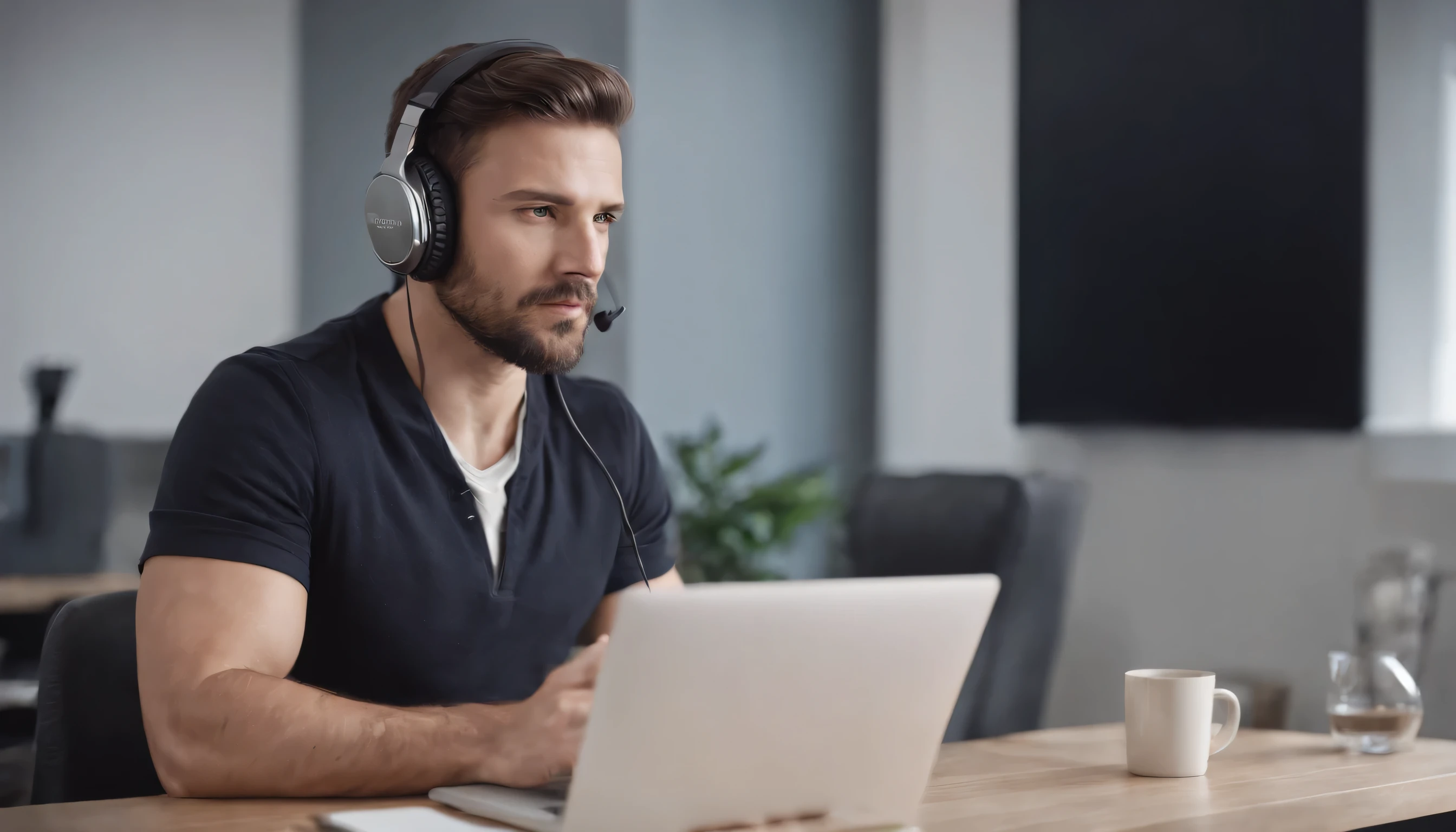Focused 35s man sit at desk wear headphones watch webinar use laptop gain new knowledge writing notes. Video conference communication, negotiation remotely, study online, e-learn, self-educate concept, ultra wide-shot, high res photograph, 4k