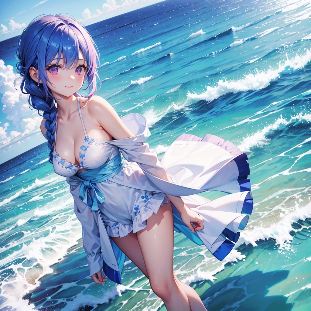 (Sky blue medium hair),(Braided hair tied together)、Pink eyes、Fair skin、(whole body)、(One Girl)、Swimwear、Stylish sunglasses、Shining white sand beach in midsummer、Hawaiian Ocean、A big smile、、(masterpiece、Highest quality、Very detailed、Best Shadow)、(Detailed Background)、(Beautifully detailed face)、High contrast、(Best lighting、Very delicate and beautiful)、((Cinematic Light))、colorful、Hyper Detail、Dramatic Light、Exquisite detail、Standing with your legs apart