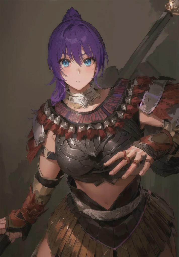 Wearing armor、Anime image of a woman holding a spear, Armor Girl, With scaly armor, Purple Armor, wearing monster hunter armor, A very beautiful berserker woman,Anime Art,Three Kingdoms志,Three Kingdoms。big boods,big ,huge ,sex body,Purple Hair,Blue Eyes,Black Leather,Brown skin,dark skin,