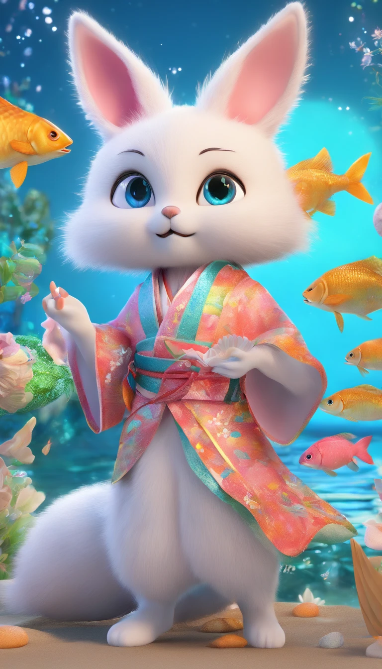 Big sparkling eyes、Fluffy fur、Have small ears、Wearing a yukata、rabbit、Fox、A cute fantasy animal that combines the characteristics of a cat.。Pastel-colored fur shines softly、Standing in a magical ocean with colorful shells and glowing fish。