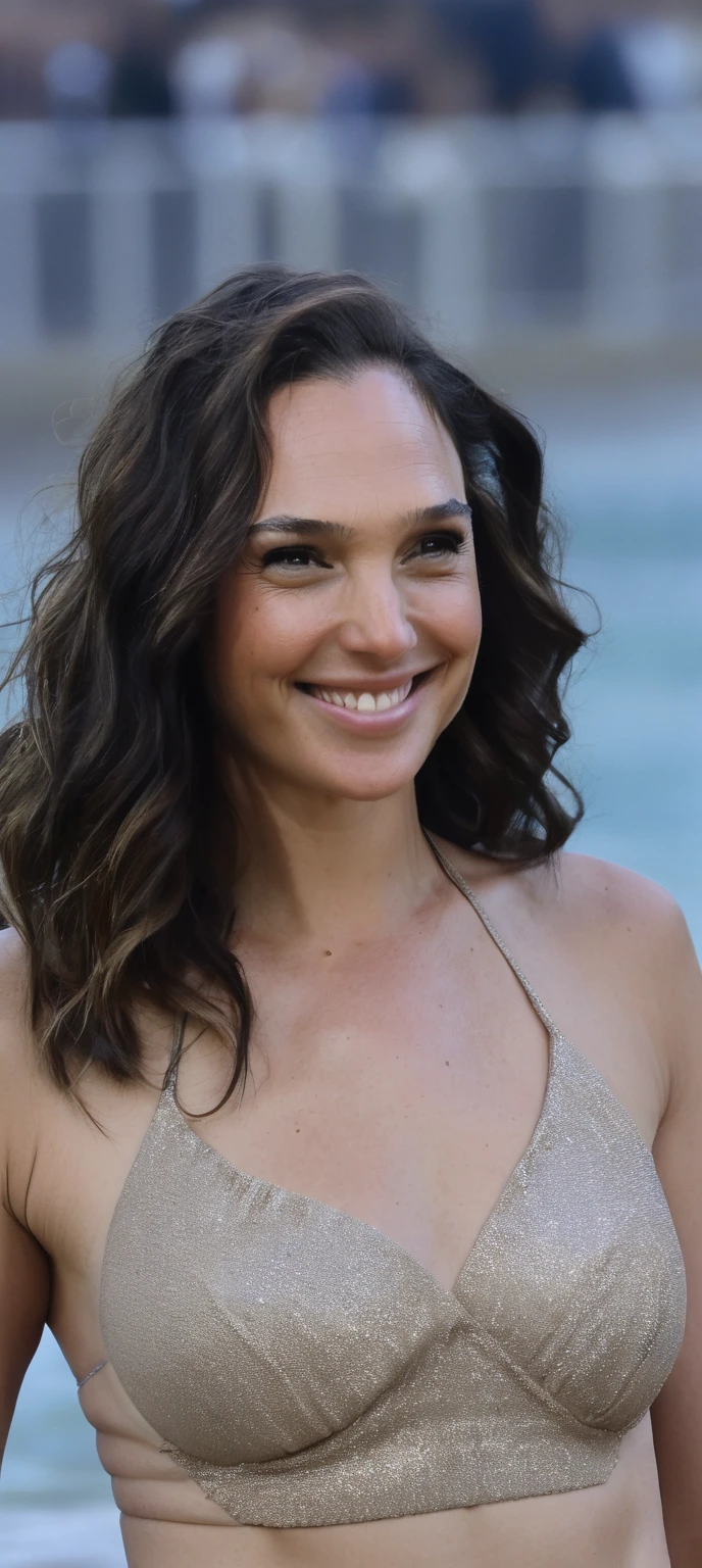  high quality  random paparazzi photograph  of GalGadot ( elixolsen , photorealistic , marvel ) on beach, smiling , big  boobs, tight blouse , random erotic photograph , she is wearing a sweaty shirt, warm environment , bright sun , fit muscular woman  ( depth of field, insanely detailed skin texture, hyper detailed features )