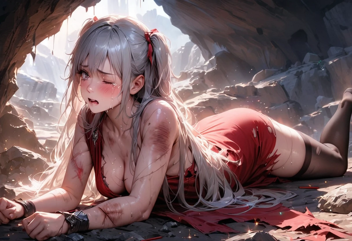 (best quality), (masterpiece), high res, all detailed, perfect anatomy, realistic, (two side up), long hair, silver hair, (red pencil Dress, single shoulders armor with Cape, pencil miniskirt), medium cleavage, [black thigh-highs], [white panties], (injury skin, scar skin, bleeding skin, torn clothes:1.1), Broken Armor, BREAK NSFW, solo, 1girl, lying, (on stomach, from behind), (one eye closed, cry, tears), sigh, blush, sweat, (outdoors, Cave), sparks, shockwave, stone Debris, cinematic lighting, diffraction spikes, three quarter view