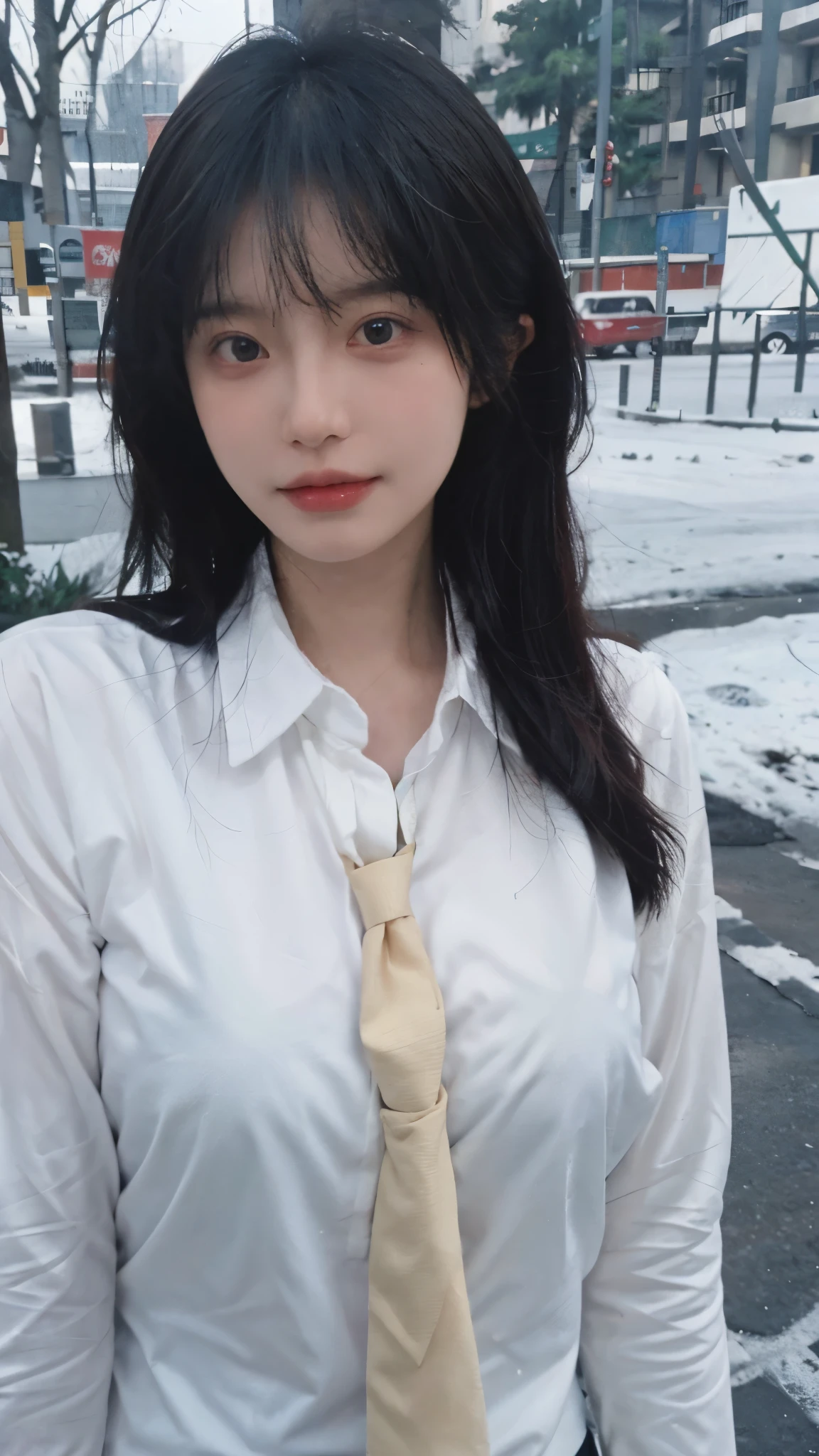 Best quality,masterpiece,Ultra-high resolution,snow,16K,Snow background,(Photo Realism:1.4),1 Girl,JK,Sexy,(Shirt and Tie:1.2),(Big breasts:1.3),(Upper body:1.4)