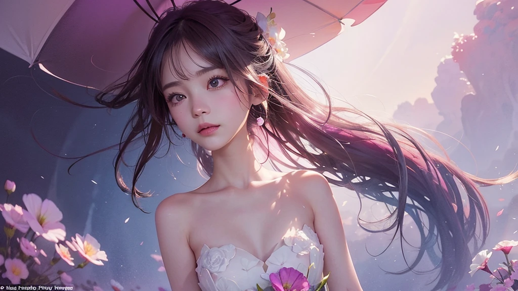 One girl,flower, Lisianthus ,Pale pinkと淡い青のスタイル, A dreamy, romantic piece, Pale pink, Mysterious Leaves, A playful arrangement,Fantasy, High Contrast, Ink strokes, explosion, Exposure, Impression of purple and red tones , Abstract, ((Watercolours by John Berkey and Jeremy Mann )) Brush strokes, Negative Space,
