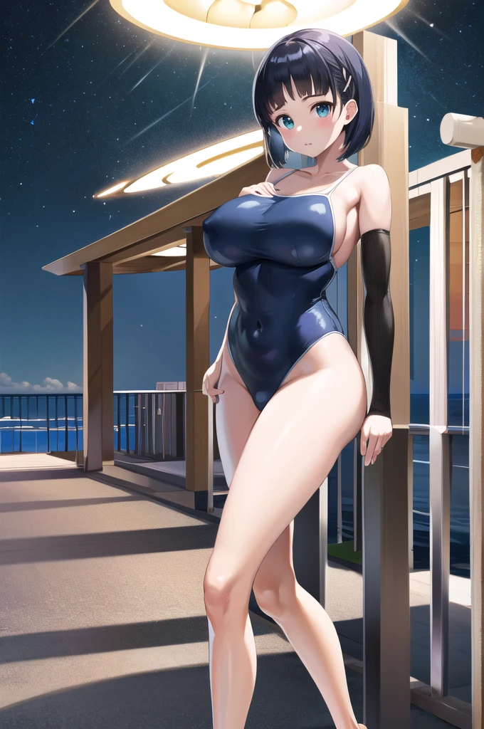 masterpiece, Highest quality, High resolution, Prostitute、Age 25、School Swimsuit、 Hair Clip, Large Breasts, Swollen nipples、Sweater dress, No sleeve, night, Seaside, Are standing,