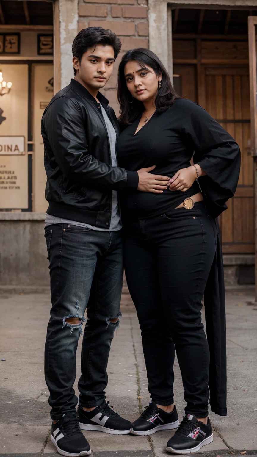 3d realistic 19 years old bts couple boy wearing black baseball jacket and black jeans and black shoes and i 43 years old woman wearing hot fat saree and romancing couple background village fat woman fat