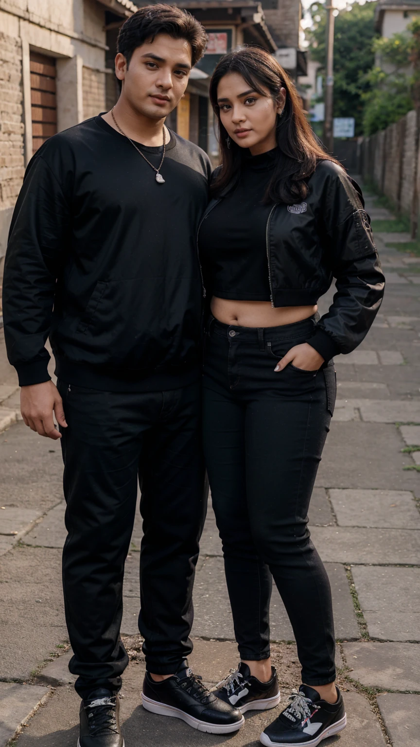 3d realistic 19 years old bts couple boy wearing black baseball jacket and black jeans and black shoes and i 43 years old woman wearing hot fat saree and romancing couple background village fat woman fat
