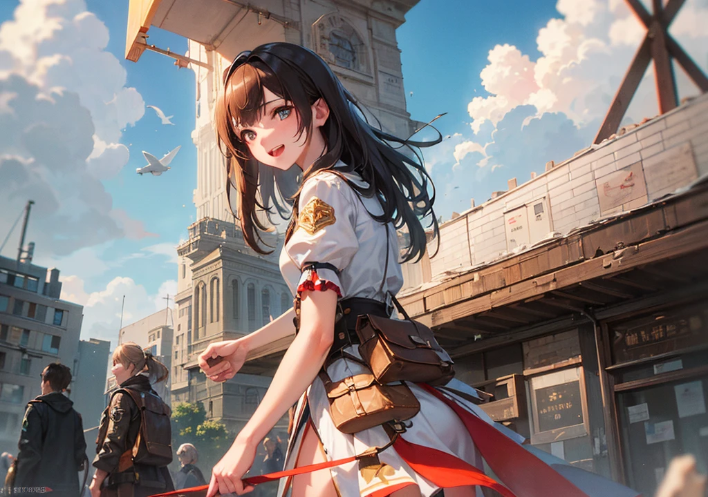 Realistic photos, Focus distance 10mm, Red and white, A big smile, Beautiful girl, Realistic photos, Focus distance 10mmで撮影, masterpiece, 最high quality, high quality, Very detailed CG 8k wallpaper unit, Award-winning photography, Bokeh, Depth of written boundary, High resolution, bloom, chromatic aberration, Realistic, Very detailed, Art Station Trends, CGsociety Trends, Complex, High detail, dramatic, Art on the go, volumetric lighting, steampunk、Misty blue sky in the background、airship