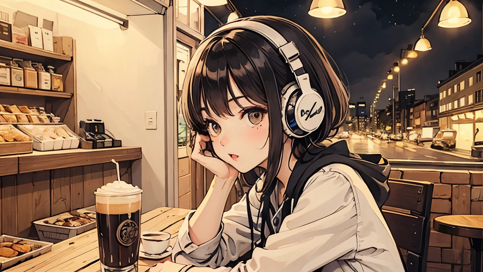 Bob Girl,Wearing headphones,Night Cafe,Cafe latte