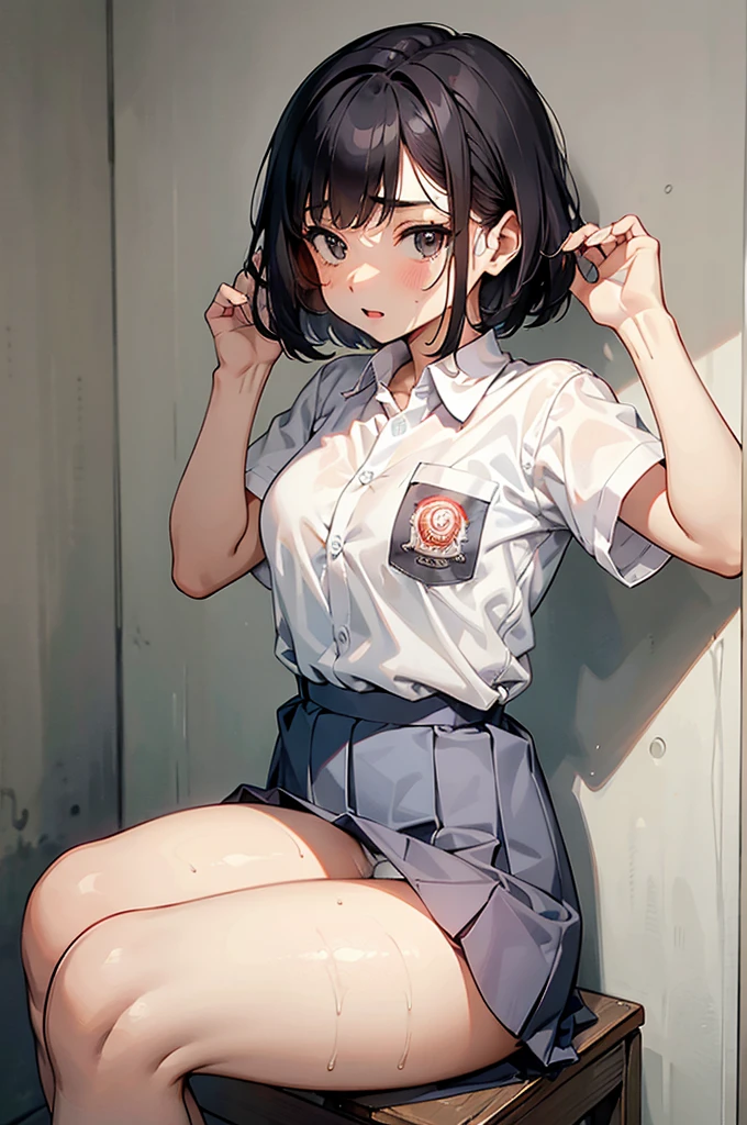 NSFW, 1 woman, , ((wolfcut haircut)), black eyes, Indonesian high-school uniform, wet white shirt, osis logo on shirt pocket, flat breasts, wet grey pleated skirt, half-shot, innocent look, hands up, sitting, knees up, white panties, spread legs