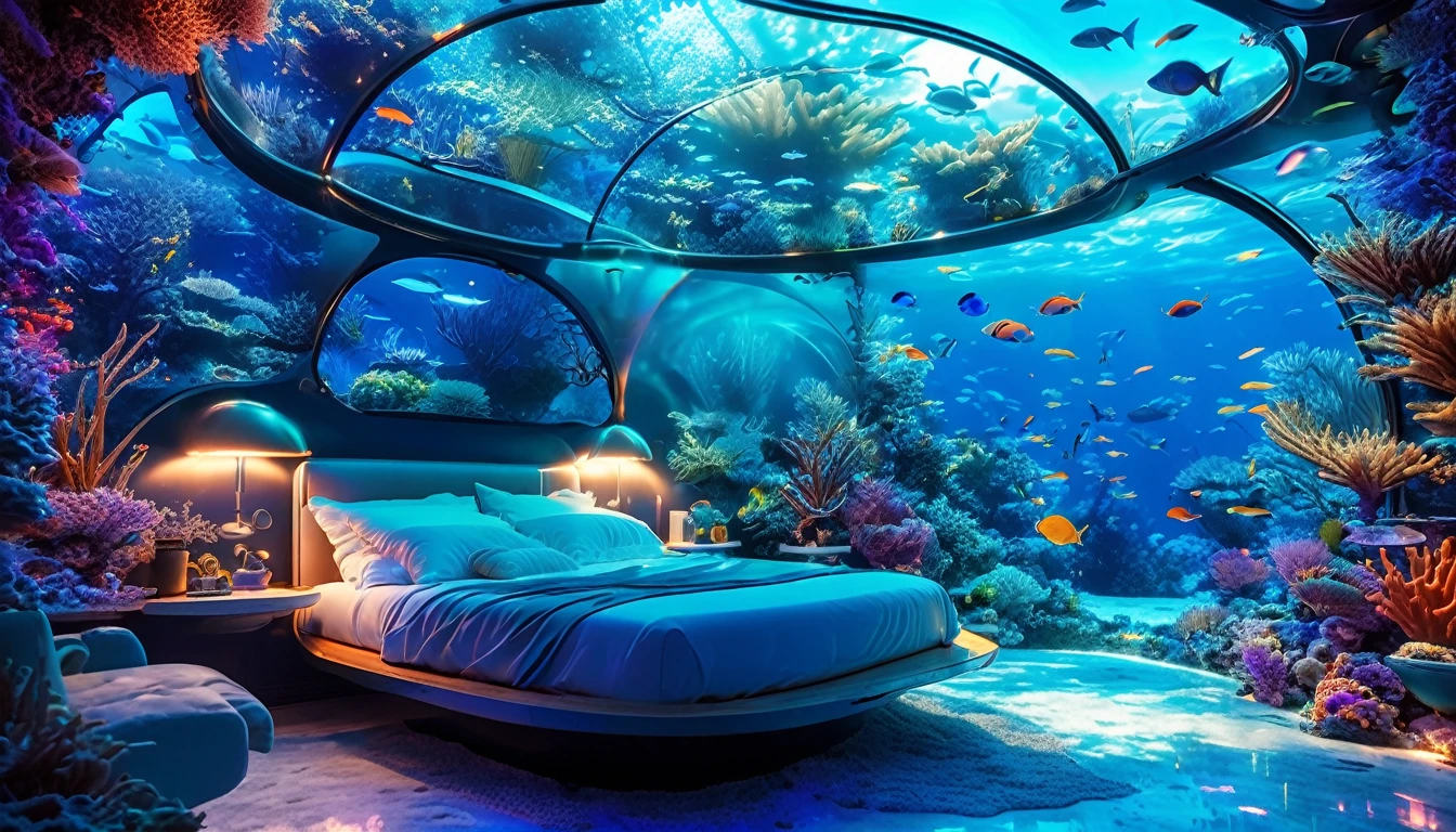 A futuristic underwater bedroom encapsulated in a transparent, glowing dome. The bed is elegantly designed, surrounded by soft blue lighting and suspended above a vibrant coral reef. Fish are swimming around the dome, creating a serene and otherworldly atmosphere. The scene is illuminated with soft, ethereal light, highlighting the intricate details of the coral and marine life below.