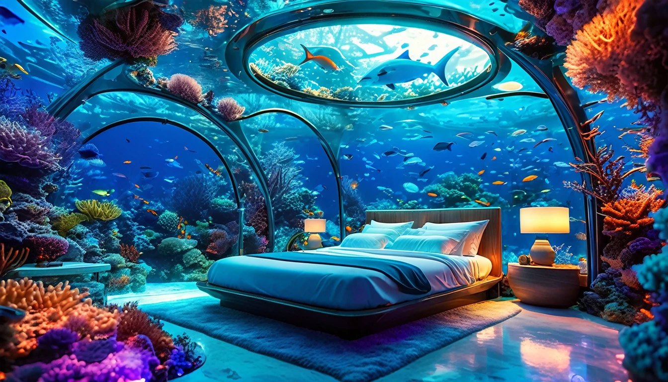 A futuristic underwater bedroom encapsulated in a transparent, glowing dome. The bed is elegantly designed, surrounded by soft blue lighting and suspended above a vibrant coral reef. Fish are swimming around the dome, creating a serene and otherworldly atmosphere. The scene is illuminated with soft, ethereal light, highlighting the intricate details of the coral and marine life below.