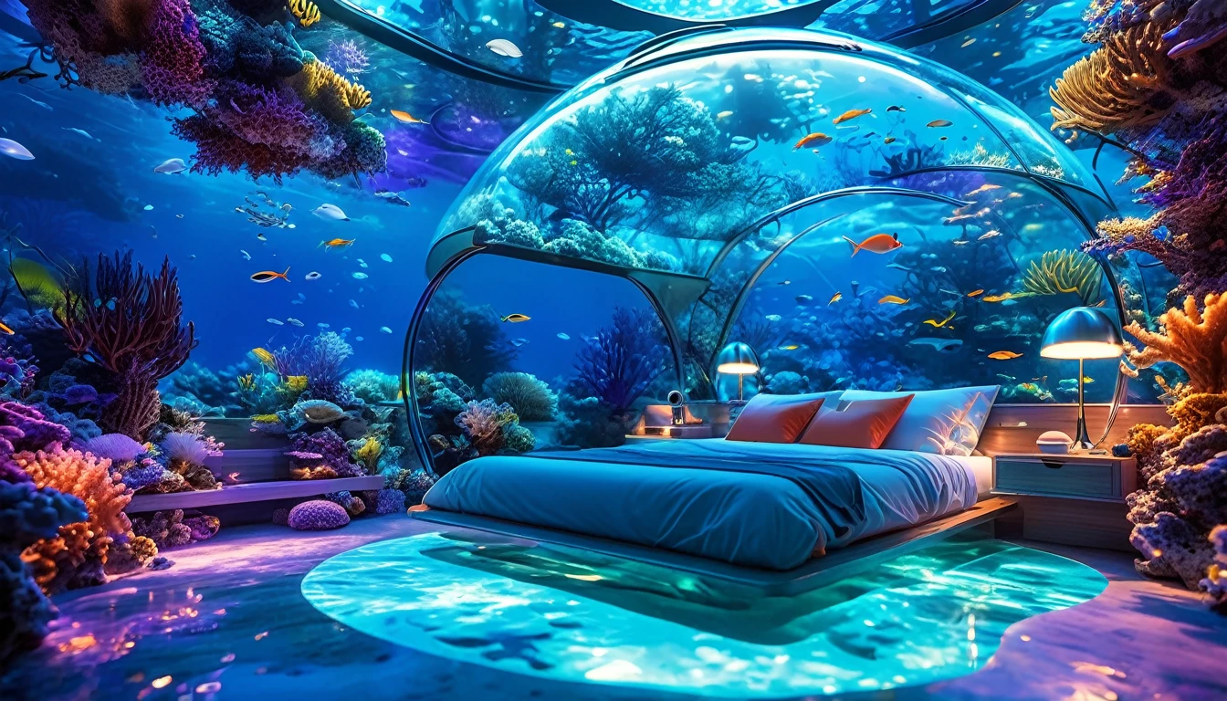 A futuristic underwater bedroom encapsulated in a transparent, glowing dome. The bed is elegantly designed, surrounded by soft blue lighting and suspended above a vibrant coral reef. Fish are swimming around the dome, creating a serene and otherworldly atmosphere. The scene is illuminated with soft, ethereal light, highlighting the intricate details of the coral and marine life below.