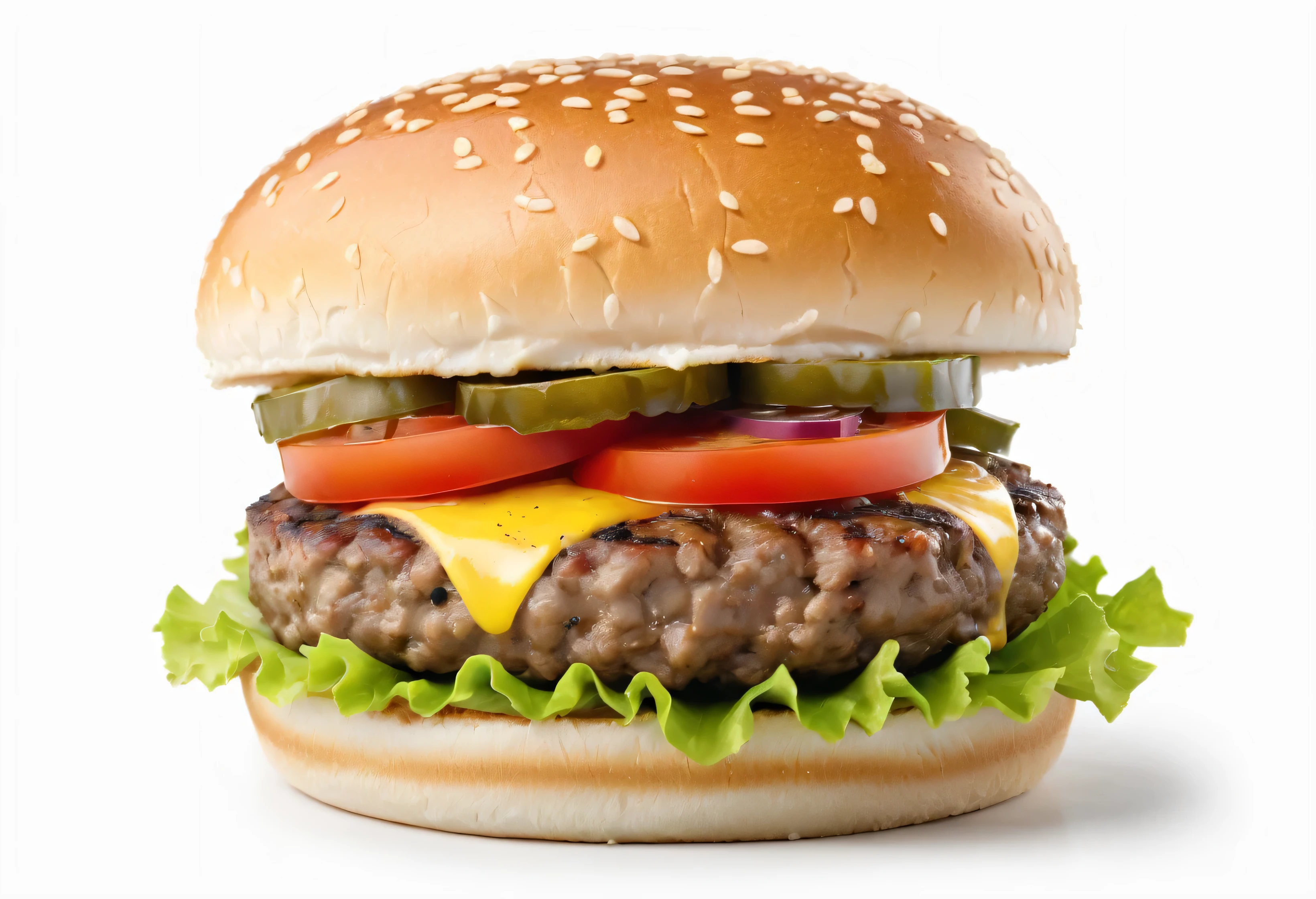 ready-to-eat cooked hamburger isolated on white background, seen from the front, very perfect, cooked and healthy