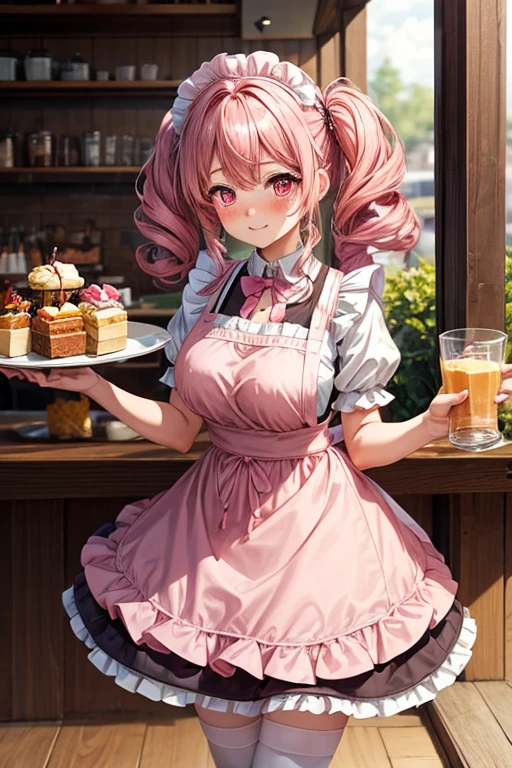 One girl,Cafe Waitress,Pink Hair,Twin tails,big tail,Curly Hair,Pink Lolita Maid,apron,Pink Eyes,blush,Embarrassed face,