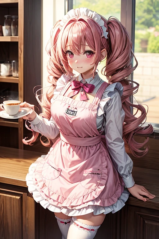 One girl,Cafe Waitress,Pink Hair,Twin tails,big tail,Curly Hair,Pink Lolita Maid,apron,Pink Eyes,blush,Embarrassed face,