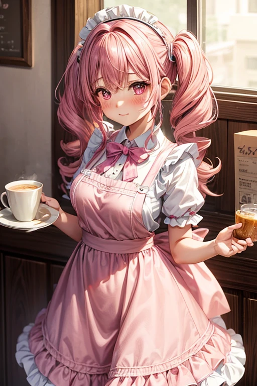 One girl,Cafe Waitress,Pink Hair,Twin tails,big tail,Curly Hair,Pink Lolita Maid,apron,Pink Eyes,blush,Embarrassed face,