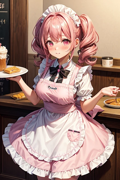 One girl,Cafe Waitress,Pink Hair,Twin tails,big tail,Curly Hair,Pink ta Maid,apron,Pink Eyes,blush,Embarrassed face,