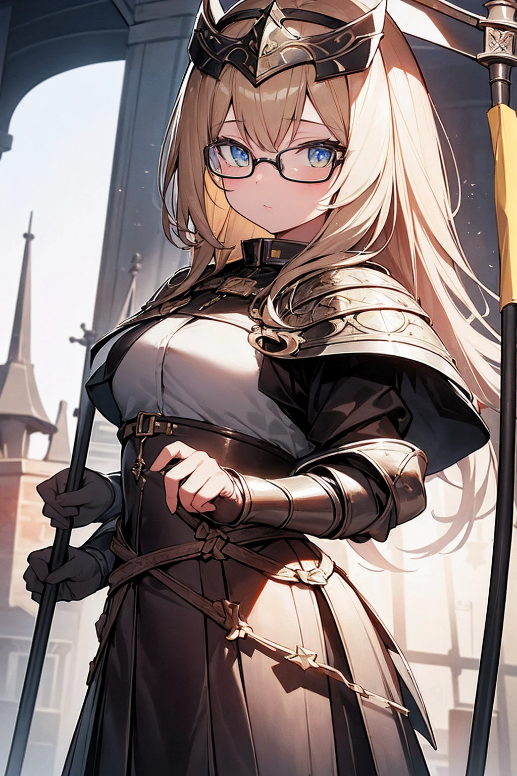 best quality, Masterpiece, Highly detailed, symmetrical eyes., girl, พื้นหลังที่Highly detailed, is gaining popularity (art station:1.46), movie light, studio quality, 8k resolution, long yellow hair,Wear glasses,Joan of Arc,Put on knight armor,holding a flag,strong