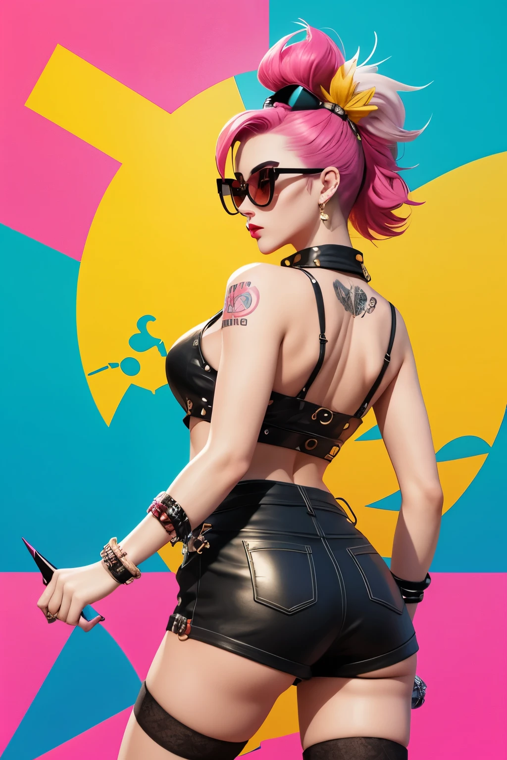 Fashion hipster girl back view with geometric shapes background, Punk hairstyle and sunglasses, Create this beautiful and stylish image scene.
Vintage look is perfect for fun projects. 3d digital art rendering. Long tailed fox style, Lively tavern scene, Outdoor and, and pink, core,
Cults are, Fragmentation, Playful use of lines.