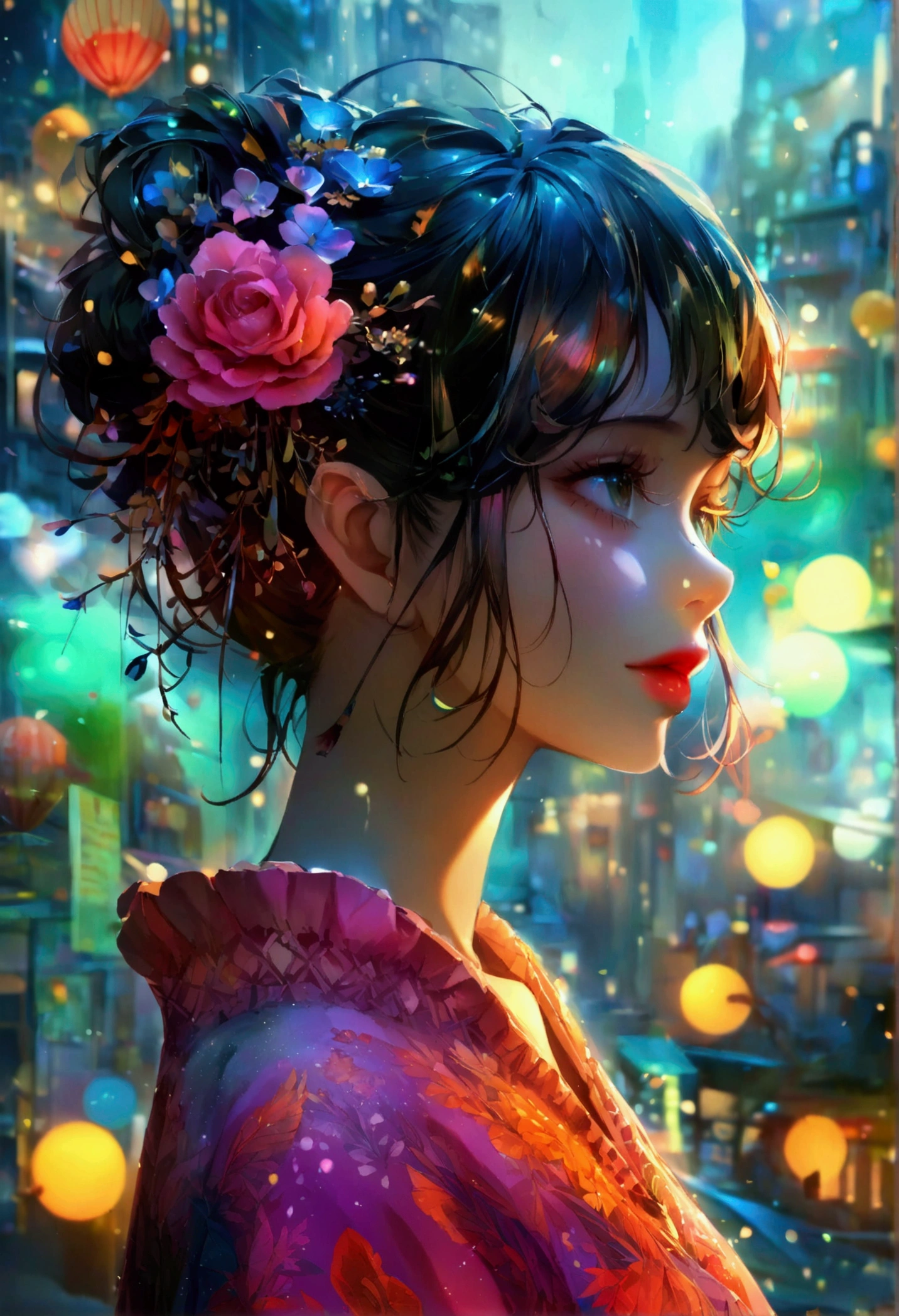 A fusion of graphic art and painting art、girl、Unusual street fashion、night、Starry Sky、front、Uplifting、Transparency、Bright Cities、wood々is rich、morning、High quality、Detailed Background、high resolution、Sparkling