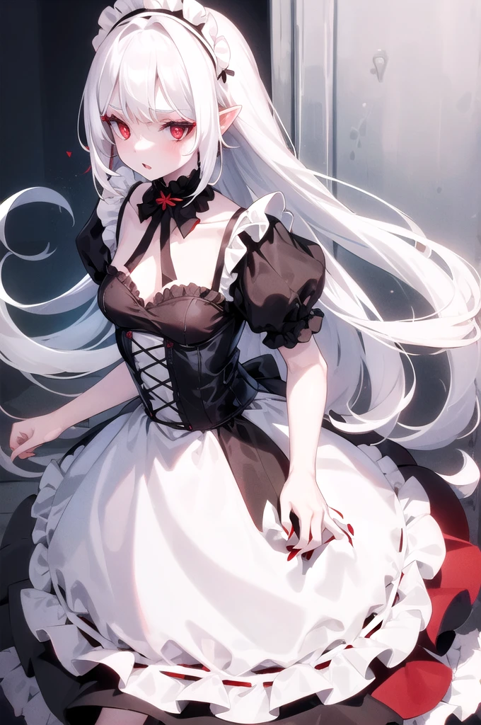 1girl, white hair, red eyes, straight hair, short, , small breasts, maid dress, ruffled dress, pale skin