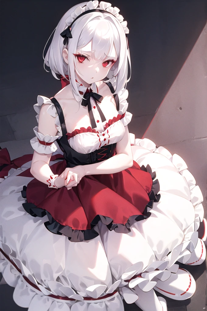 1girl, white hair, red eyes, straight hair, short, , small breasts, maid dress, ruffled dress, pale skin