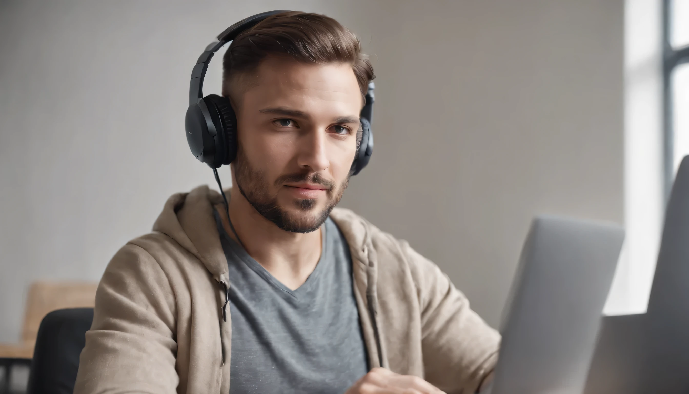 Focused 35s man sit at desk wear headphones watch webinar use laptop gain new knowledge writing notes. Video conference communication, negotiation remotely, study online, e-learn, self-educate concept, ultra wide-shot, high res photograph, 4k