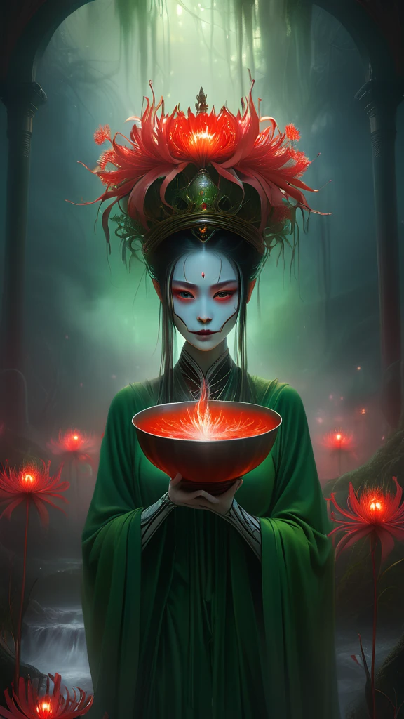 a girl holding a bowl in a fiery landscape, ghostly spirits, red spider lilies,Beautiful face，Gorgeous crown， hyperrealistic, 8k, extremely detailed, surreal, cinematic lighting, volumetric lighting, dramatic, atmospheric，bridge，Everything Grows，Skeleton，Green soup，Glowing Bana-Long Stem，robe，Thick fog