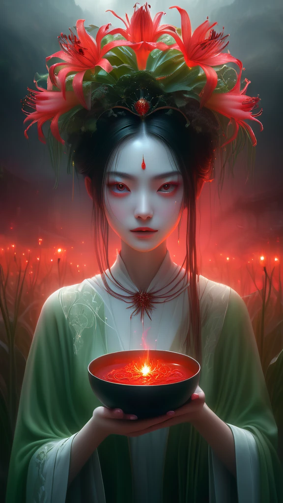 a girl holding a bowl in a fiery landscape, ghostly spirits, red spider lilies,Beautiful face,Gorgeous crown, hyperrealistic, 8k, extremely detailed, surreal, cinematic lighting, volumetric lighting, dramatic, atmospheric,bridge,Everything Grows,Skeleton,Green soup,Glowing Bana-Long Stem,robe,Thick fog