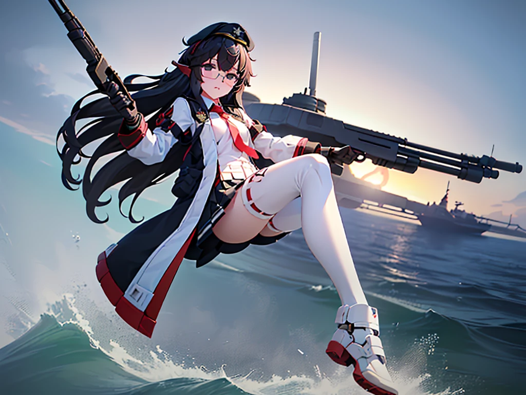(((masterpiece, Vision))), ((((Full body of a woman with perfect flat chest、1 Female、solo、Short unkempt black hair、Tie your messy hair at the nape of your neck、white military jacket、Miko costume、black tights、Black glasses are black、White military cap、Cloudy black eyes、Confused eyes、Junyo-inspired emblem)))), (((Shipgirl))), ((Floating on the morning sea with both feet)), (Standing with your legs apart)), Aim, (Hold the shotgun turret grip with your right hand), (Four mechanical tentacles covered in white armor extend from its back.), (Holding a shotgun with metal tentacles), (Equipped with a bridge on the back), (His left arm holds the grip of a triple-barreled shotgun),