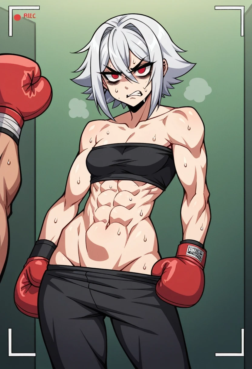 masterpiece, best quality, ultra-high-detailed, Disgusted face, white hair, red eyes, sigtuna julie , small breast, looking viewer like a trash , deep eyes , down shot, Warm body, hot body, A lot sweat , more sweat, hot temperature, sweating, Sweated a lot, warm room, bare shoulder, showing shoulder, Human, goth, emo, skinny,  bare shoulder, Tight thights, Front camera, Fit girl, muscle girl, fit body, navel, , glare, navel, midrifft, Boxing, six pack, abs, Muuaythai, Muscular, sweat all over body, punch