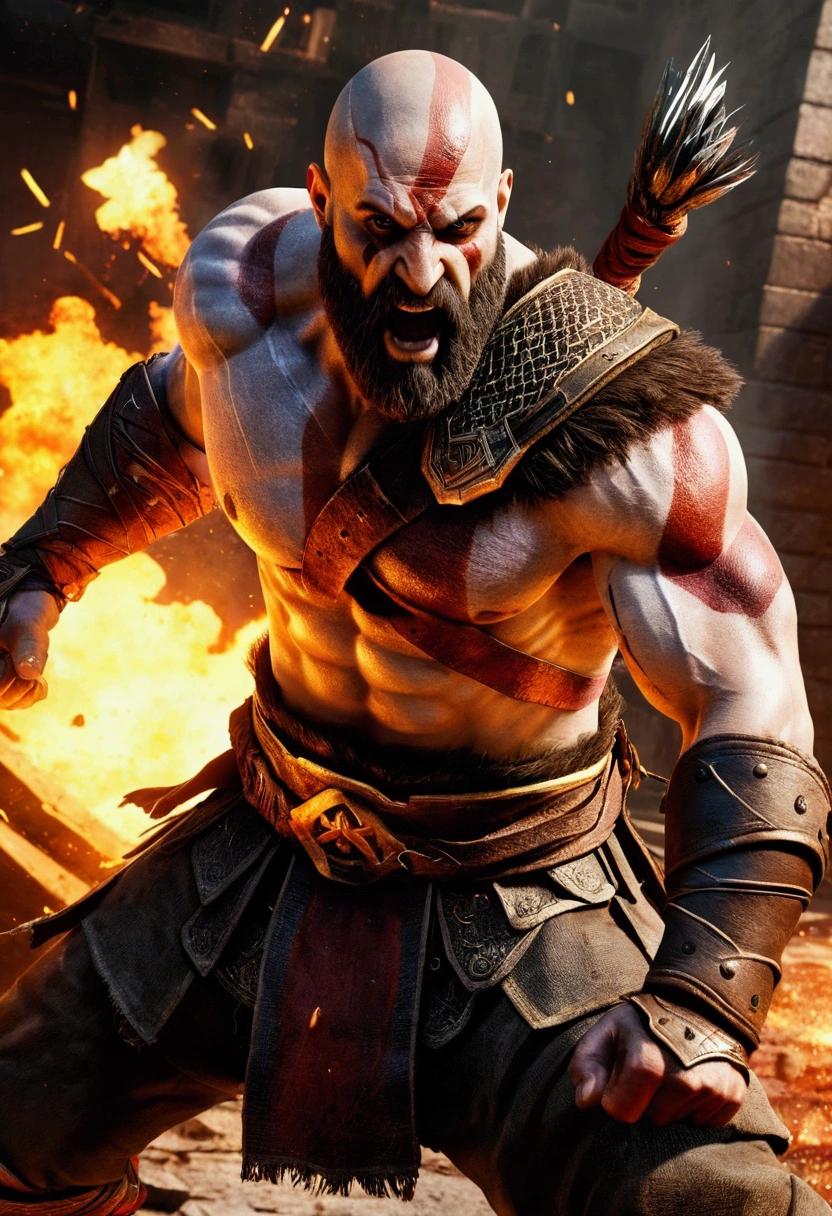 Best quality,A high resolution,masterpiece:1.2,ultra detailed,realistic,physically based rendering,professional,sharp focus,HDR,studio lighting,Colorful,strong shadows,Action-packed,Kratos,all-man,powerful,superheroes,mythology,cruel, An intense battle,Epic combat,strength,aggression,Dramatic poses,destructive forces,flaming weapon,Blood and sweat,Battle scars,Facial expressions,heroic,superhuman abilities,powerful emotions,Gloomy atmosphere,dynamic composition,explosions,flying debris,dramatic lighting,special effects,shockproof,Clash of the Titans,энергетические explosions,powerful punches and kicks,A ruined environment,violence and chaos