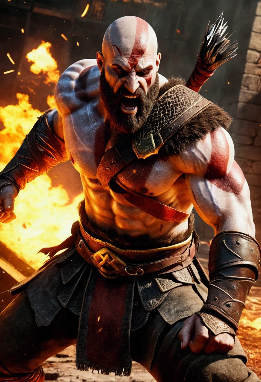 Best quality,A high resolution,masterpiece:1.2,ultra detailed,realistic,physically based rendering,professional,sharp focus,HDR,studio lighting,Colorful,strong shadows,Action-packed,Kratos,all-man,powerful,superheroes,mythology,cruel, An intense battle,Epic combat,strength,aggression,Dramatic poses,destructive forces,flaming weapon,Blood and sweat,Battle scars,Facial expressions,heroic,superhuman abilities,powerful emotions,Gloomy atmosphere,dynamic composition,explosions,flying debris,dramatic lighting,special effects,shockproof,Clash of the Titans,энергетические explosions,powerful punches and kicks,A ruined environment,violence and chaos