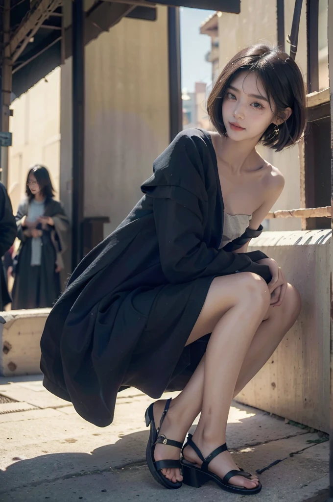 (((best quality))),(((Extremely detailed))),(((masterpiece))),illustration,1 Girl,Slim,Active Cotton Dress,Short straight hair,flat chest,permanent, Bustling city streets,Surrounded by a crowd, rich and colorful,Enjoy the sights and sounds,(Dark black skin:1.5),(Day scene:1.3),whole body,Place your hands at your sides,Sunlight,Long legs,sandals,Sunlight