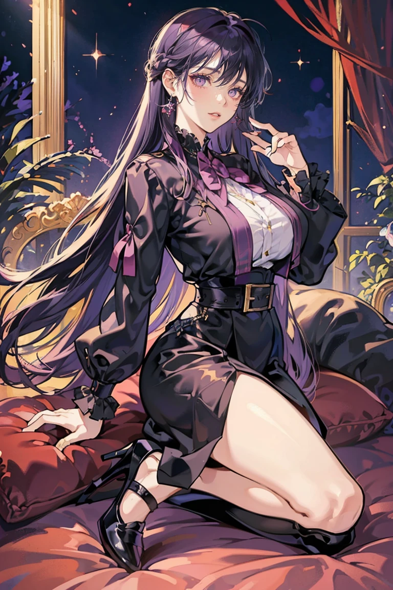 anime - (masterpiece), best quality, seductive eyes, cute face, dark purple eyes, very shorth length dark purple hair, , high-heels, tall woman, long legs, adult-like female, 1girl, big breast, school background