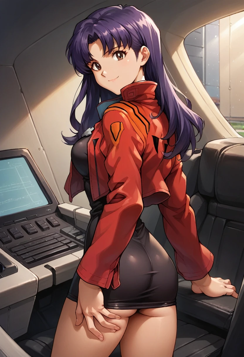 score_7, score_8_up, score_7_up, source_anime, 1girl, solo, looking at viewer, EPngeKatsuragiMisato, purple hair, brown eyes, long hair, smile, detailed background, cowboy shot, long sleeves, dress, jewelry, medium breasts, jacket, :d, thighs, open clothes, necklace, black dress, open jacket, v, short dress, cross, red jacket, cropped jacket, w, cross necklace, cockpit, ass focus, ass  being grabbing in aggressive way,  hands on ass in aggressive way