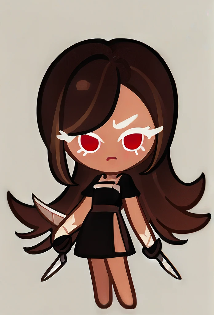 chibi, full body, CookieRun, 1girl, red eyes, short dress, black dress, long hair, brown hair, knife in hands