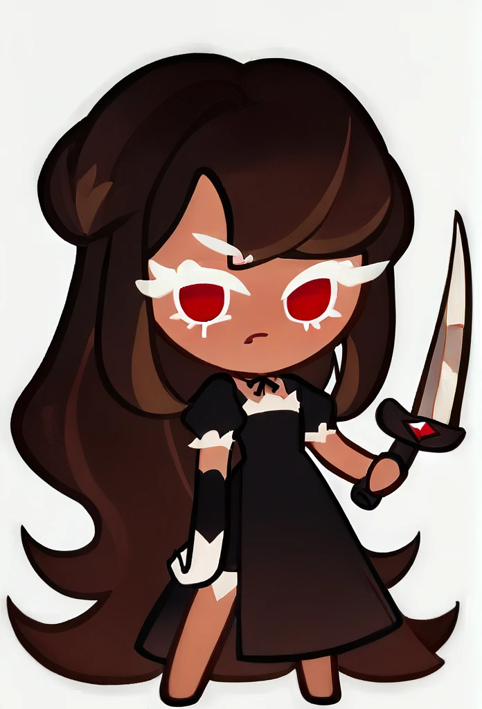 chibi, full body, CookieRun, 1girl, red eyes, short dress, black dress, long hair, brown hair, knife in hands