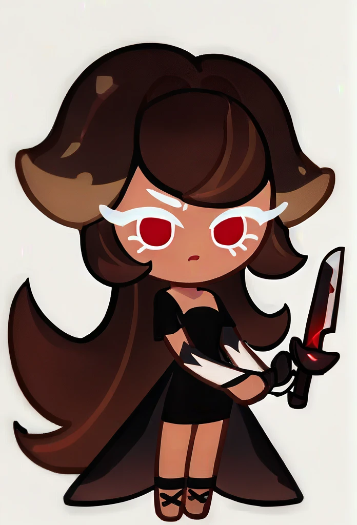 chibi, full body, CookieRun, 1girl, red eyes, short dress, black dress, long hair, brown hair, knife in hands